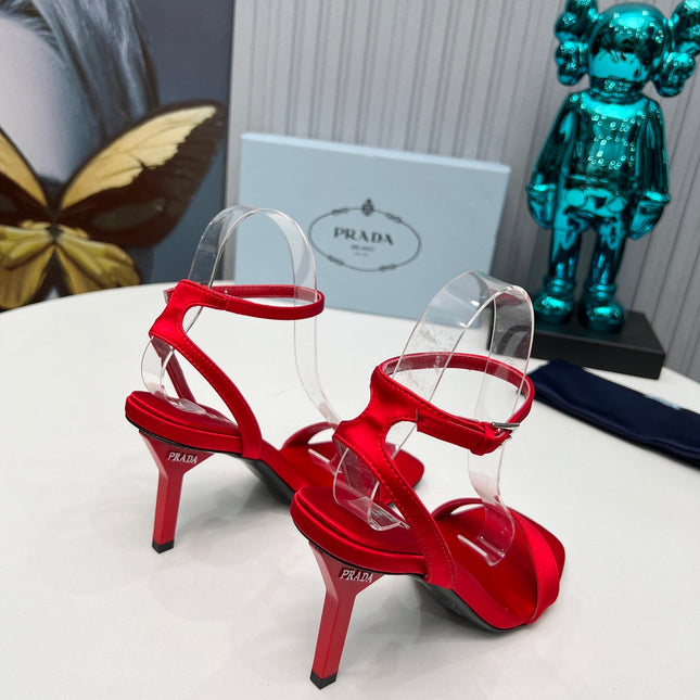 PRADA 26S ANKLE STRAP SANDALS STILETTO HEEL 80MM IN DARK RED SATIN