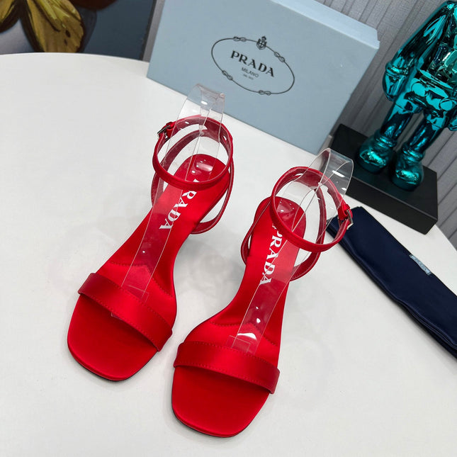 PRADA 26S ANKLE STRAP SANDALS STILETTO HEEL 80MM IN DARK RED SATIN