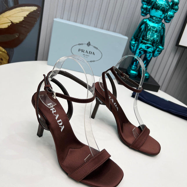 PRADA 26S ANKLE STRAP SANDALS STILETTO HEEL 80MM IN DARK BROWN SATIN