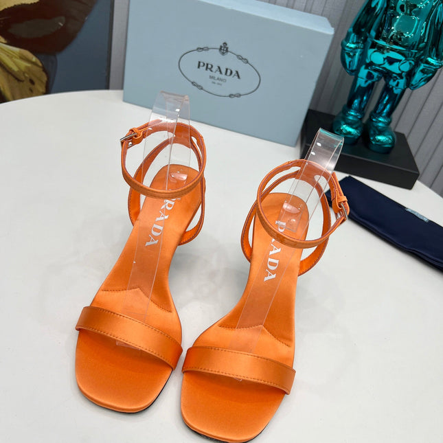PRADA 26S ANKLE STRAP SANDALS STILETTO HEEL 80MM IN ORANGE SATIN