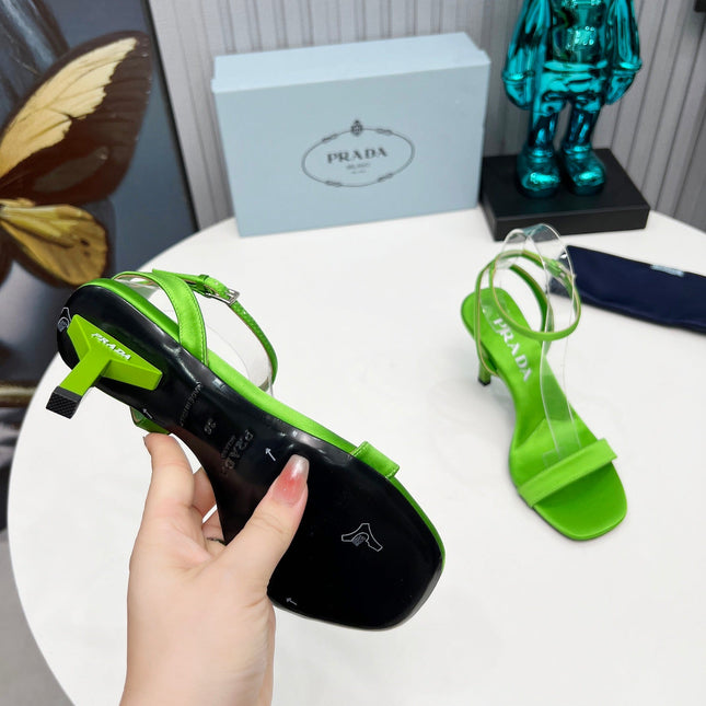 PRADA 26S ANKLE STRAP SANDALS STILETTO HEEL 80MM IN LIME GREEN SATIN