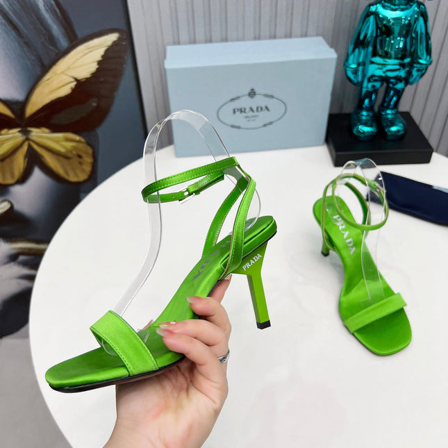 PRADA 26S ANKLE STRAP SANDALS STILETTO HEEL 80MM IN LIME GREEN SATIN