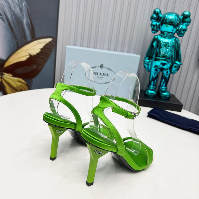 PRADA 26S ANKLE STRAP SANDALS STILETTO HEEL 80MM IN LIME GREEN SATIN