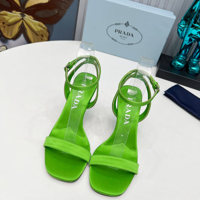 PRADA 26S ANKLE STRAP SANDALS STILETTO HEEL 80MM IN LIME GREEN SATIN