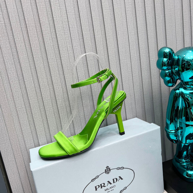 PRADA 26S ANKLE STRAP SANDALS STILETTO HEEL 80MM IN LIME GREEN SATIN