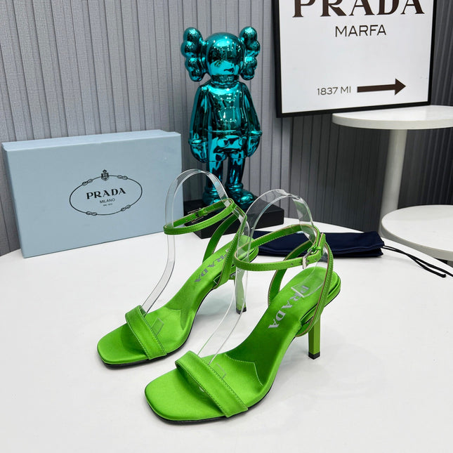 PRADA 26S ANKLE STRAP SANDALS STILETTO HEEL 80MM IN LIME GREEN SATIN