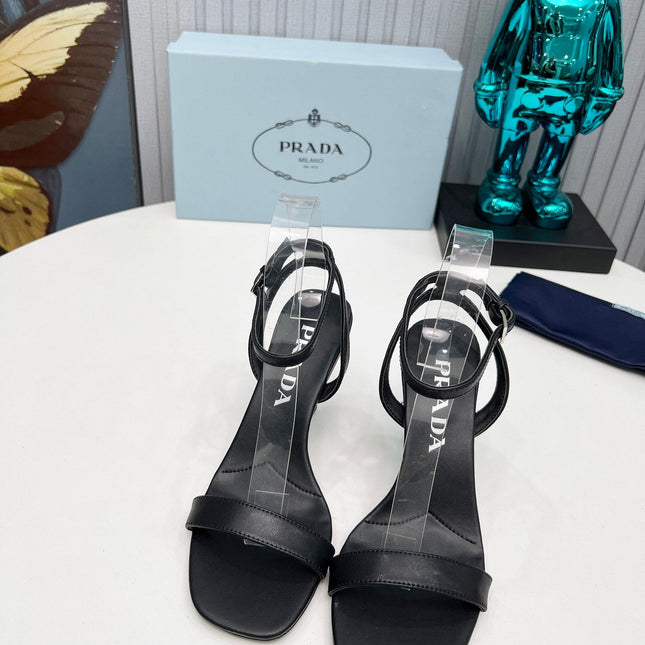 PRADA 26S ANKLE STRAP SANDALS STILETTO HEEL 80MM IN BLACK CALFSKIN