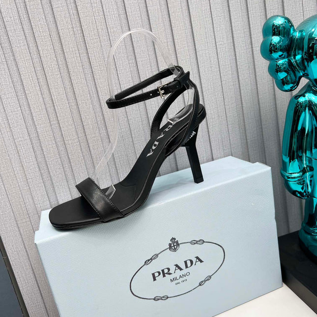 PRADA 26S ANKLE STRAP SANDALS STILETTO HEEL 80MM IN BLACK CALFSKIN