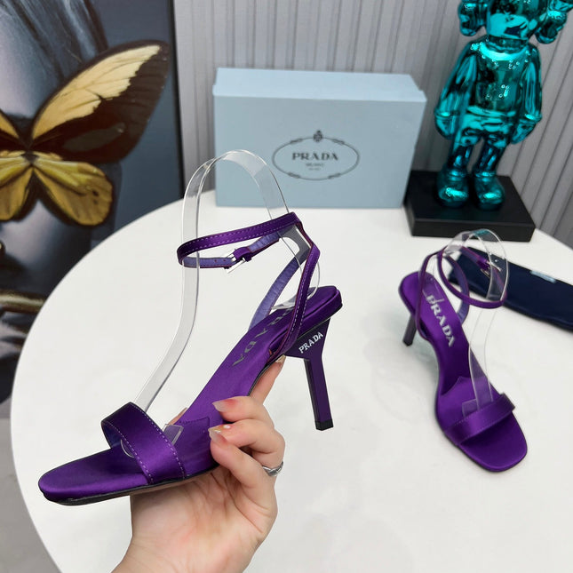 PRADA 26S ANKLE STRAP SANDALS STILETTO HEEL 80MM IN DEEP PURPLE SATIN