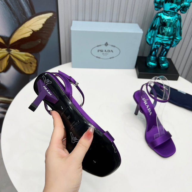 PRADA 26S ANKLE STRAP SANDALS STILETTO HEEL 80MM IN DEEP PURPLE SATIN