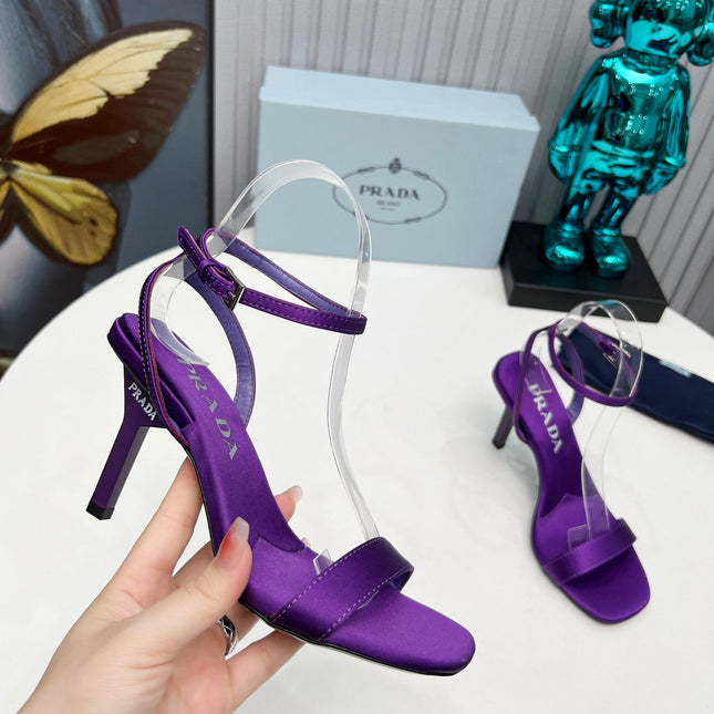 PRADA 26S ANKLE STRAP SANDALS STILETTO HEEL 80MM IN DEEP PURPLE SATIN