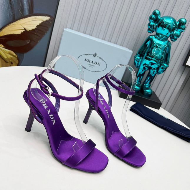 PRADA 26S ANKLE STRAP SANDALS STILETTO HEEL 80MM IN DEEP PURPLE SATIN