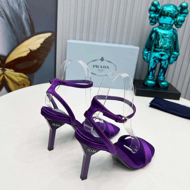 PRADA 26S ANKLE STRAP SANDALS STILETTO HEEL 80MM IN DEEP PURPLE SATIN