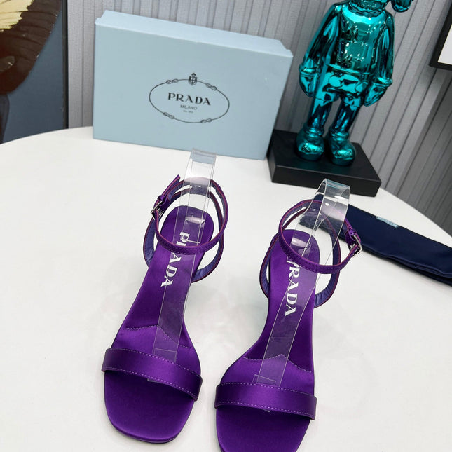 PRADA 26S ANKLE STRAP SANDALS STILETTO HEEL 80MM IN DEEP PURPLE SATIN
