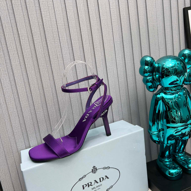 PRADA 26S ANKLE STRAP SANDALS STILETTO HEEL 80MM IN DEEP PURPLE SATIN