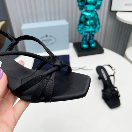PRADA 26S STRAPPY SANDALS STILETTO HEEL 60MM IN BLACK SATIN