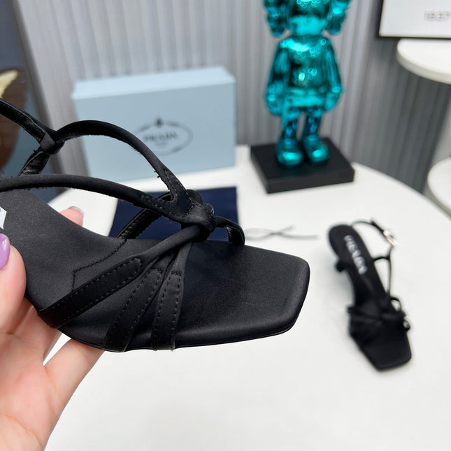 PRADA 26S STRAPPY SANDALS STILETTO HEEL 60MM IN BLACK SATIN