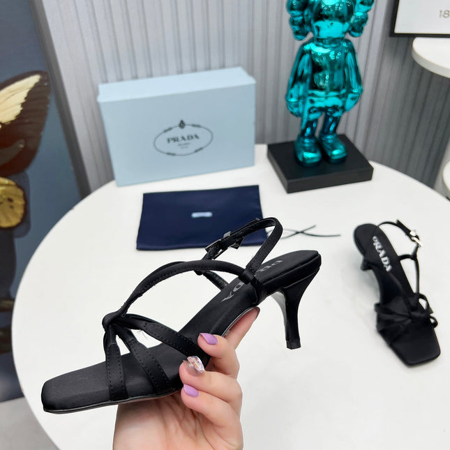 PRADA 26S STRAPPY SANDALS STILETTO HEEL 60MM IN BLACK SATIN