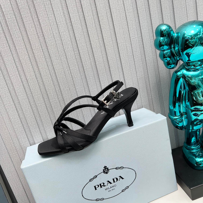PRADA 26S STRAPPY SANDALS STILETTO HEEL 60MM IN BLACK SATIN