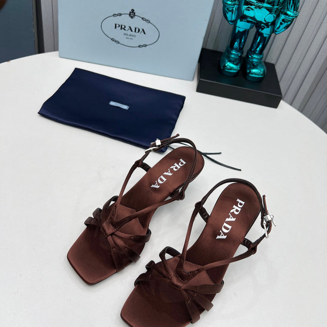 PRADA 26S STRAPPY SANDALS STILETTO HEEL 60MM IN DARK BROWN SATIN