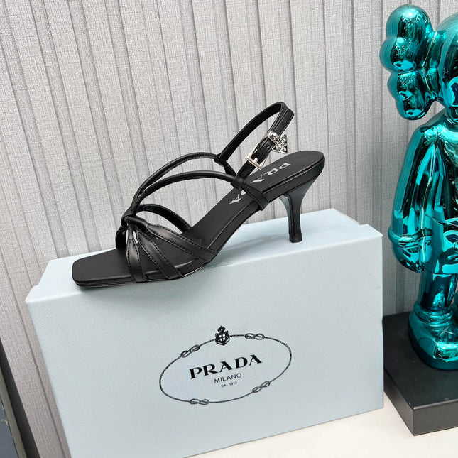 PRADA 26S STRAPPY SANDALS STILETTO HEEL 60MM IN BLACK CALFSKIN