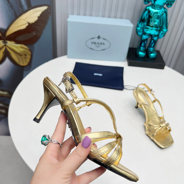 PRADA 26S STRAPPY SANDALS STILETTO HEEL 60MM IN GOLD CALFSKIN