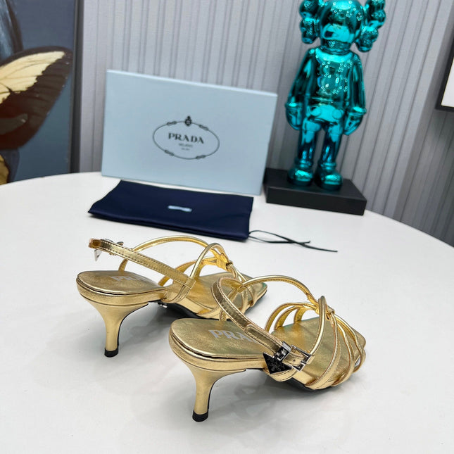PRADA 26S STRAPPY SANDALS STILETTO HEEL 60MM IN GOLD CALFSKIN