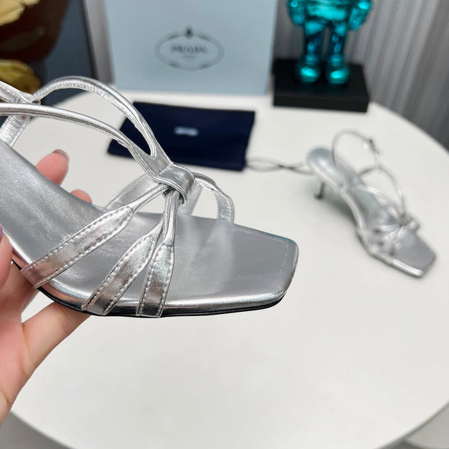 PRADA 26S STRAPPY SANDALS STILETTO HEEL 60MM IN SILVER CALFSKIN