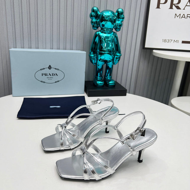 PRADA 26S STRAPPY SANDALS STILETTO HEEL 60MM IN SILVER CALFSKIN
