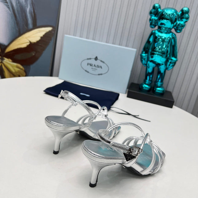 PRADA 26S STRAPPY SANDALS STILETTO HEEL 60MM IN SILVER CALFSKIN