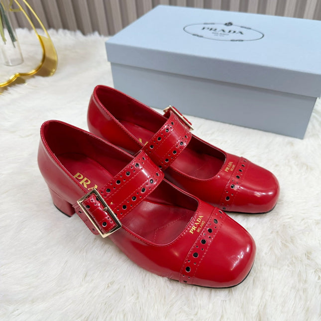 PRADA 26S SQUARE TOE STUDDED SLINGBACK BLOCK HEEL 40MM IN DARK RED PATENT CALFSKIN