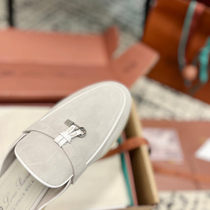 Loro Piana Grey White Suede Charms Walk Flat Mules