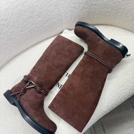 BOTTEGA VENETA 26S TALL BOOTS IN BROWN SUEDE WITH ROPE DETAIL