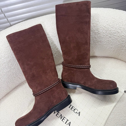 BOTTEGA VENETA 26S TALL BOOTS IN BROWN SUEDE WITH ROPE DETAIL