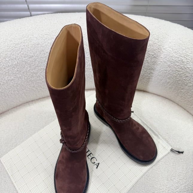 BOTTEGA VENETA 26S TALL BOOTS IN BROWN SUEDE WITH ROPE DETAIL