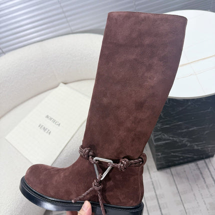 BOTTEGA VENETA 26S TALL BOOTS IN BROWN SUEDE WITH ROPE DETAIL