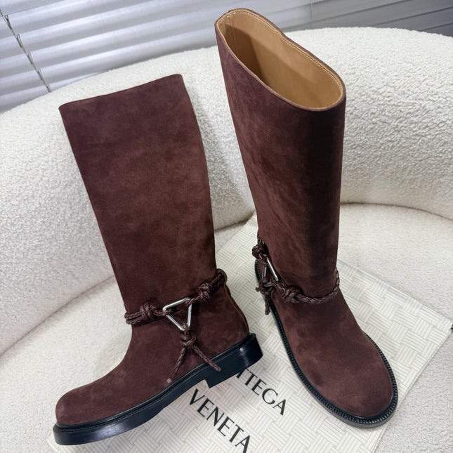 BOTTEGA VENETA 26S TALL BOOTS IN BROWN SUEDE WITH ROPE DETAIL