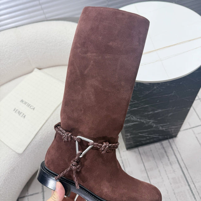 BOTTEGA VENETA 26S TALL BOOTS IN BROWN SUEDE WITH ROPE DETAIL