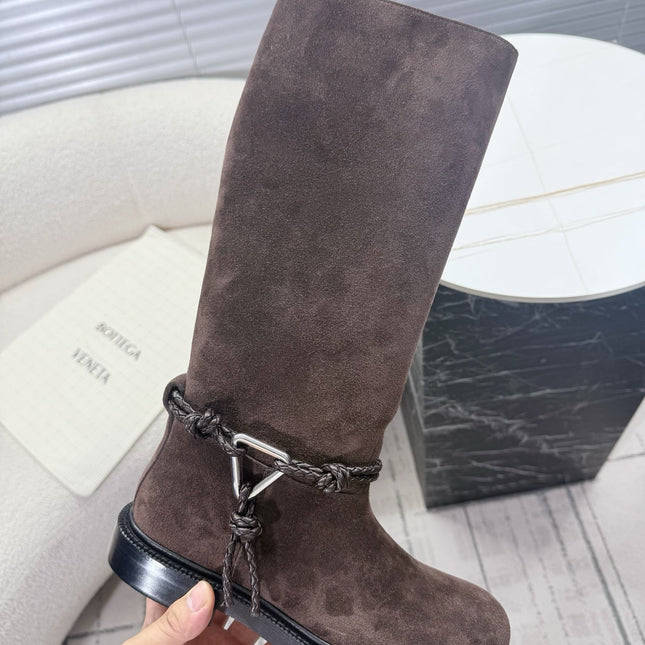 BOTTEGA VENETA 26S TALL BOOTS IN DARK BROWN SUEDE WITH ROPE DETAIL
