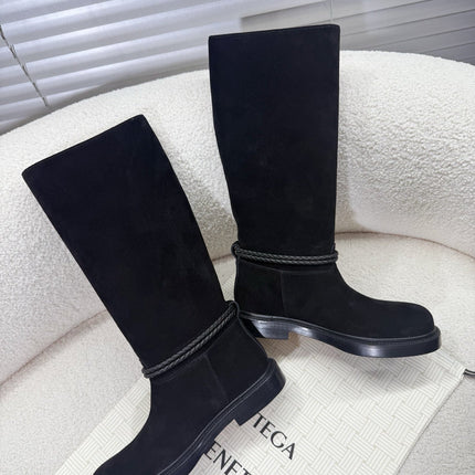 BOTTEGA VENETA 26S TALL BOOTS IN BLACK SUEDE WITH ROPE DETAIL