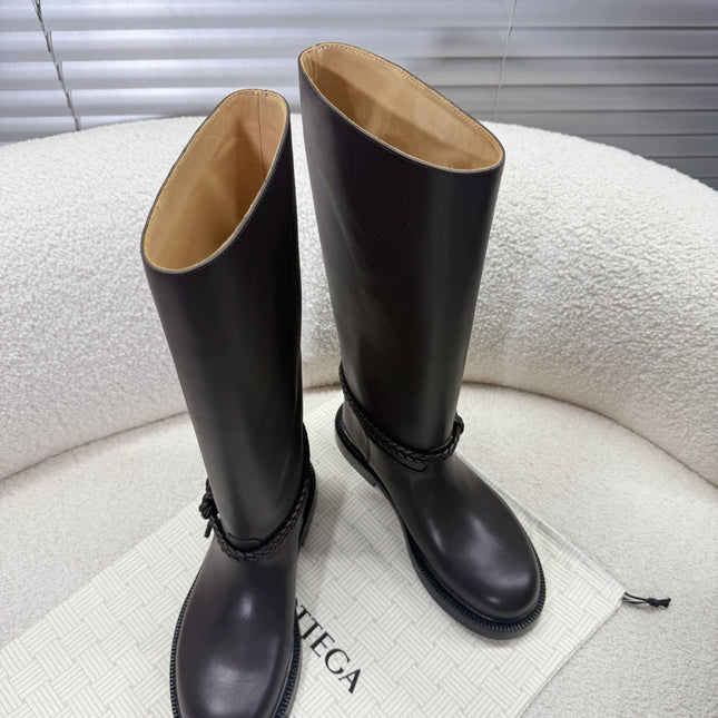 BOTTEGA VENETA 26S TALL BOOTS IN DARK BROWN CALFSKIN WITH ROPE DETAIL