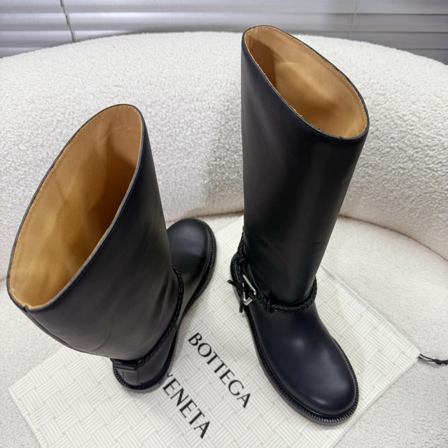 BOTTEGA VENETA 26S TALL BOOTS IN BLACK CALFSKIN WITH ROPE DETAIL