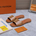 LV 26S FLAT SLIDE SANDALS IN ORANGE BROWN CALFSKIN GOLD HARDWARE