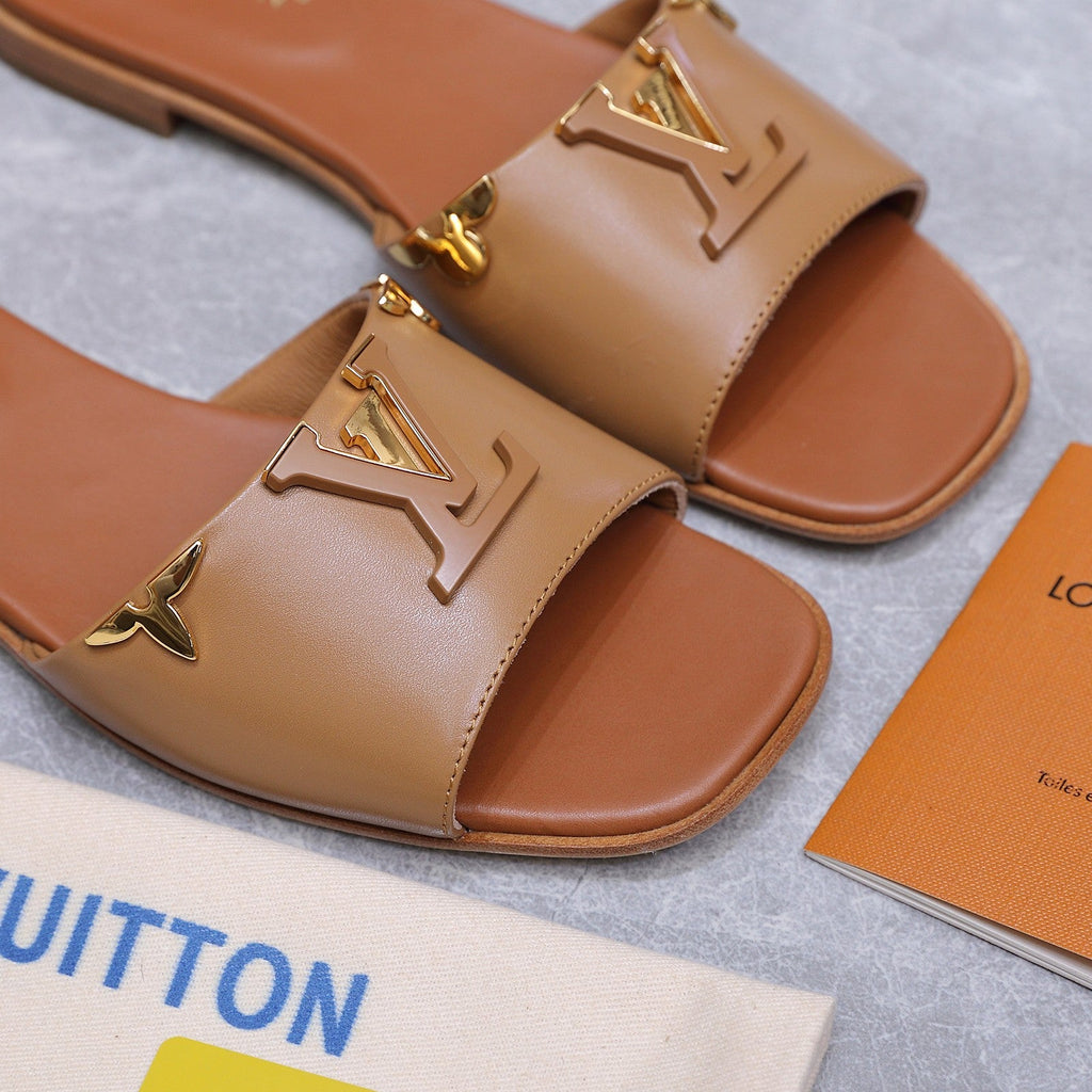 LV 26S FLAT SLIDE SANDALS IN ORANGE BROWN CALFSKIN GOLD HARDWARE
