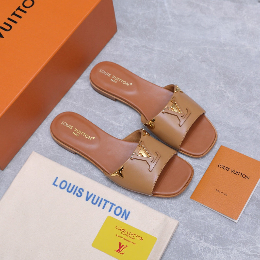 LV 26S FLAT SLIDE SANDALS IN ORANGE BROWN CALFSKIN GOLD HARDWARE