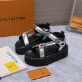 LV 26S CHAMELEON PLATFORM SANDALS 60MM IN SILVER AND BLACK CALFSKIN AND EVA