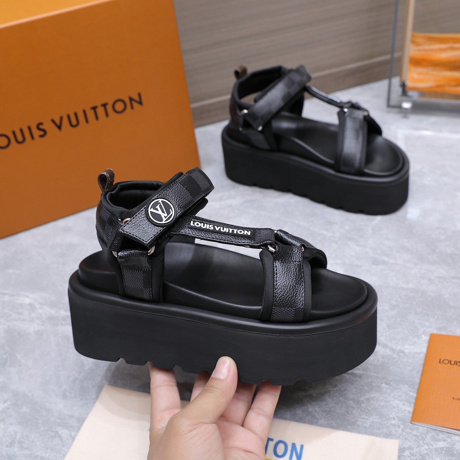 LV 26S CHAMELEON PLATFORM SANDALS 60MM IN BLACK DAMIER CHECKER CALFSKIN AND EVA