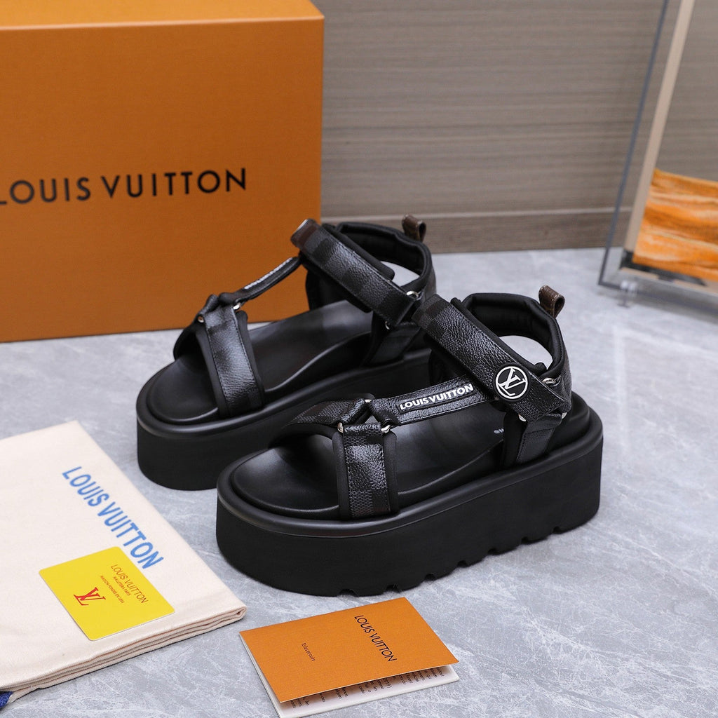 LV 26S CHAMELEON PLATFORM SANDALS 60MM IN BLACK DAMIER CHECKER CALFSKIN AND EVA