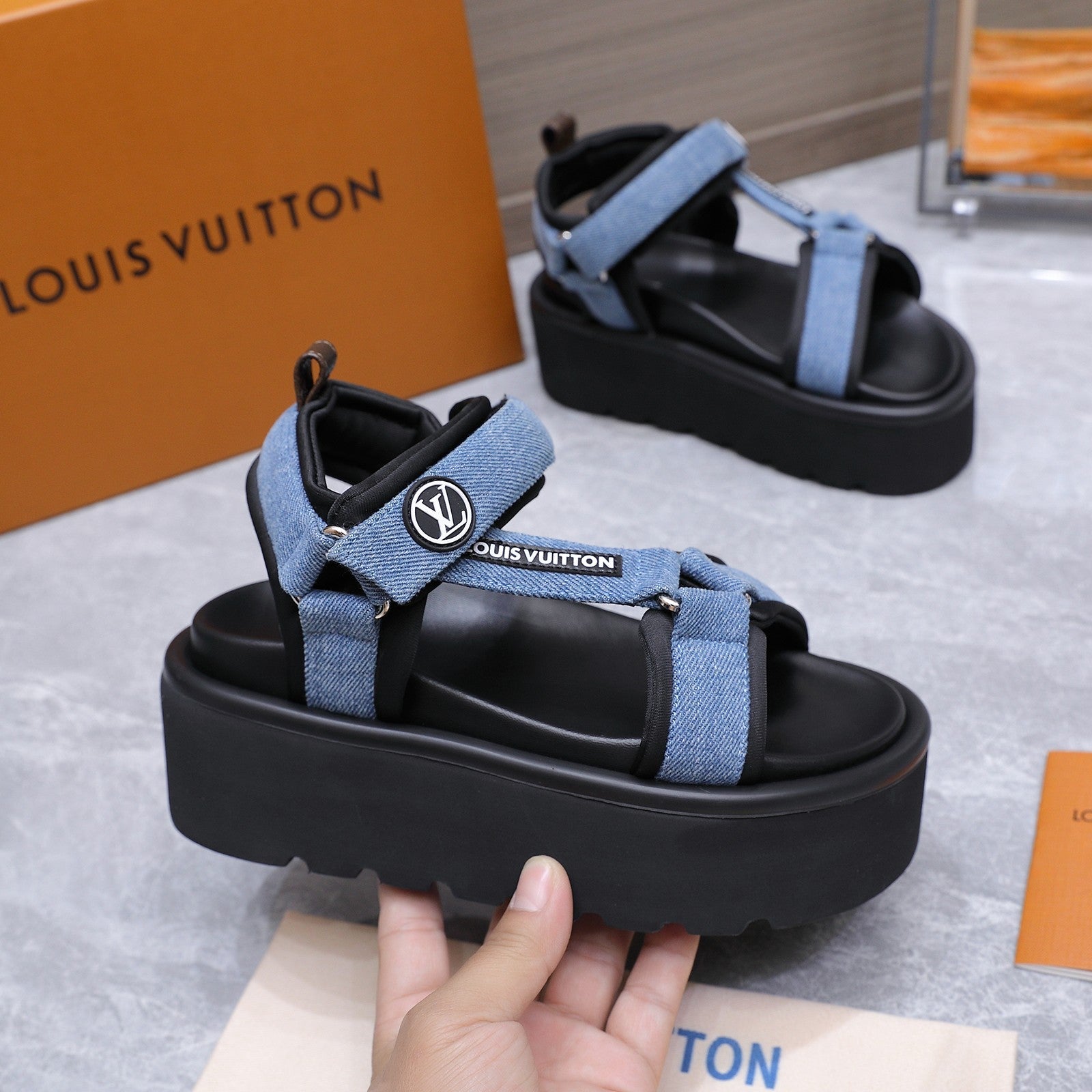 LV 26S CHAMELEON PLATFORM SANDALS 60MM IN BLUE DENIM AND EVA