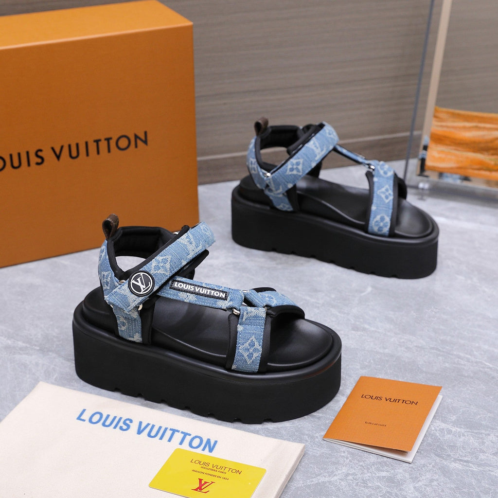 LV 26S CHAMELEON PLATFORM SANDALS 60MM IN BLUE MONOGRAM DENIM AND EVA